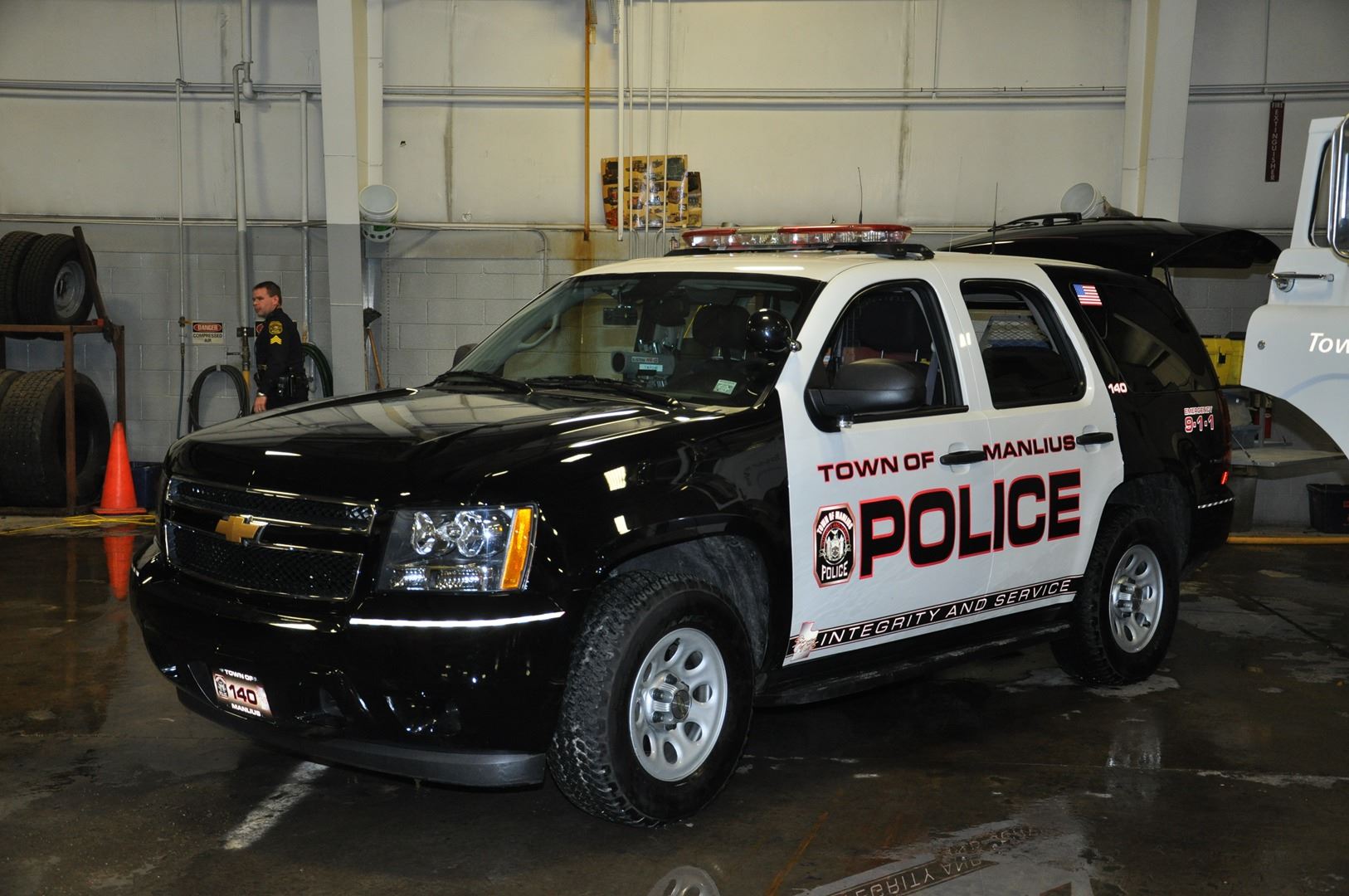 A police vehicle in a garage